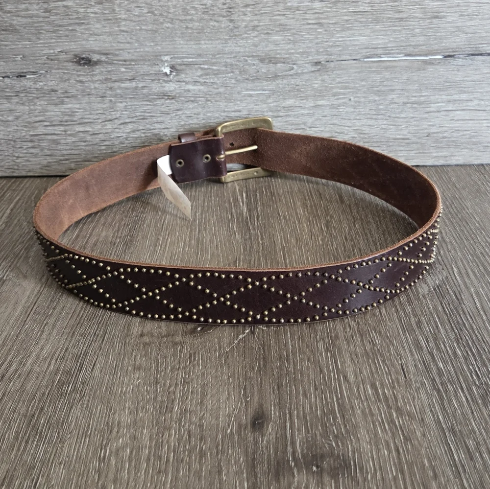 Old Navy Brown Studded Leather Belt with Brass Buckle Medium